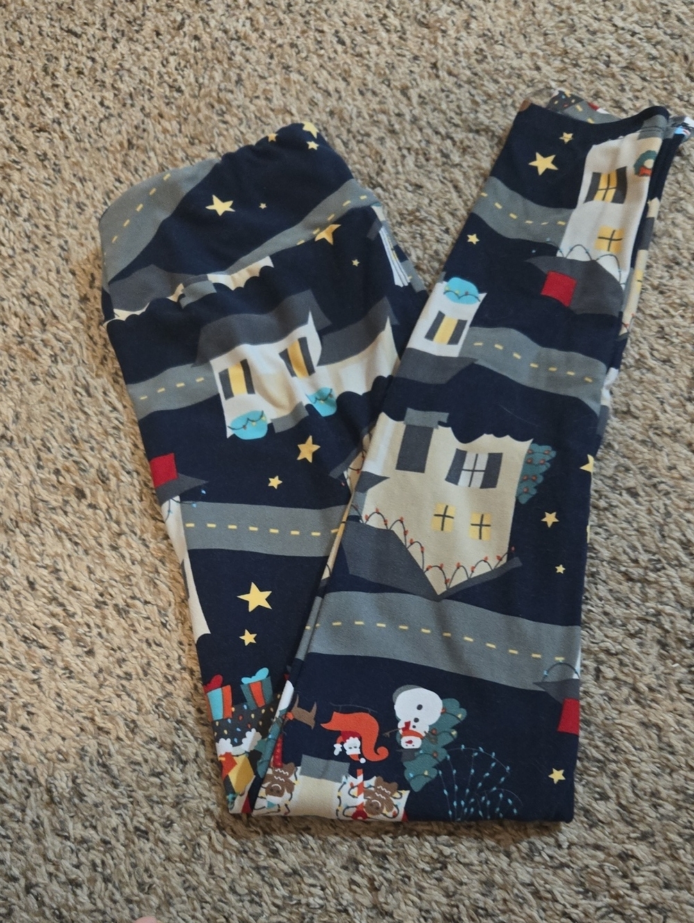 Nighttime Village Print Leggings - Navy, Gray, Cream, Red